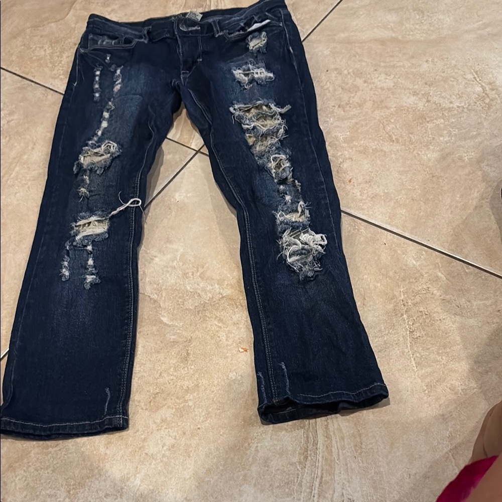 Red Rivet Blue Straight Leg Jeans with Distressed Design